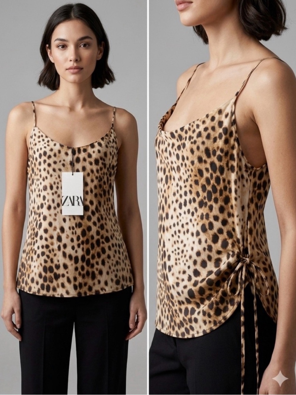 NWOT Zara Leopard-Print Satin Cami in Brown and Black- X-Small